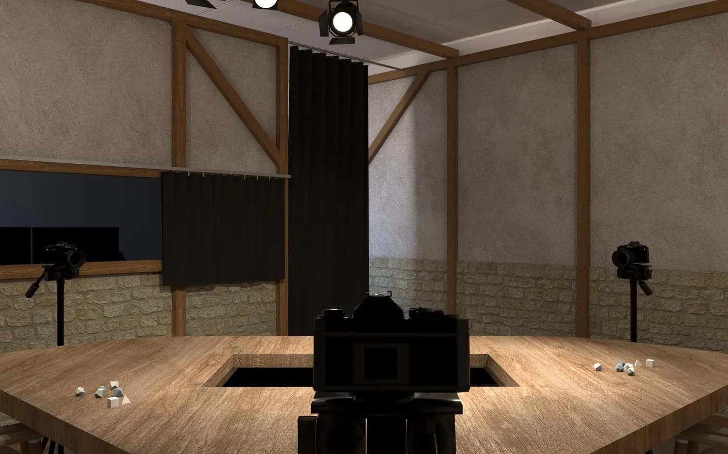 Rendu 3D : vue vers la régie et le grand rideau