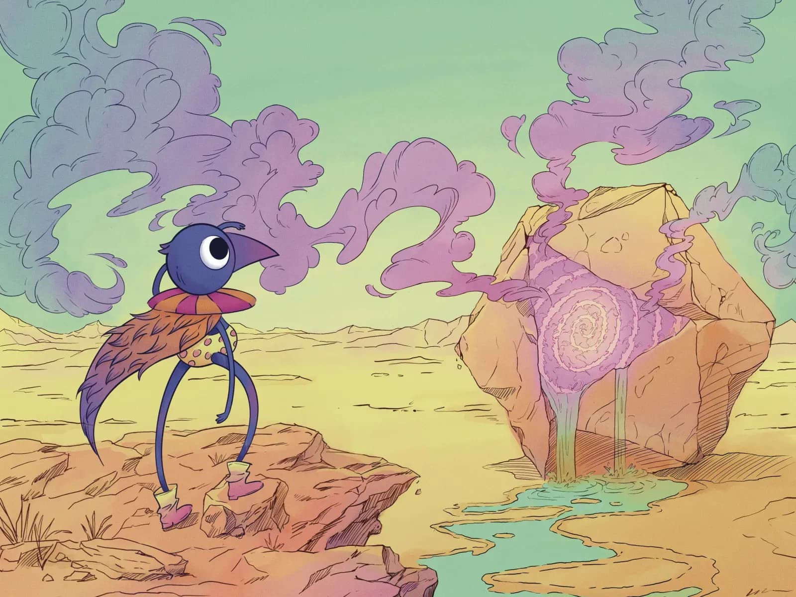 Illustration du festival Wyrd : un personnage-oiseau à cape de plumes contemple un rocher fendu d'où s'échappe une fumée violette, dans un désert ocre.